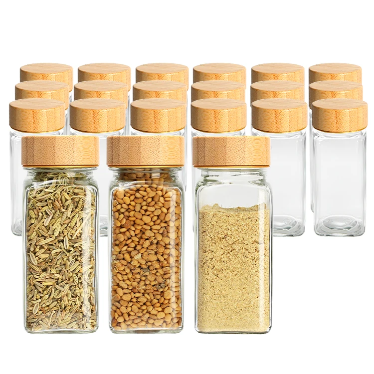 Kitchen food nature glass condiments spice square bottle 4oz seasoning jar with bamboo shaker lid