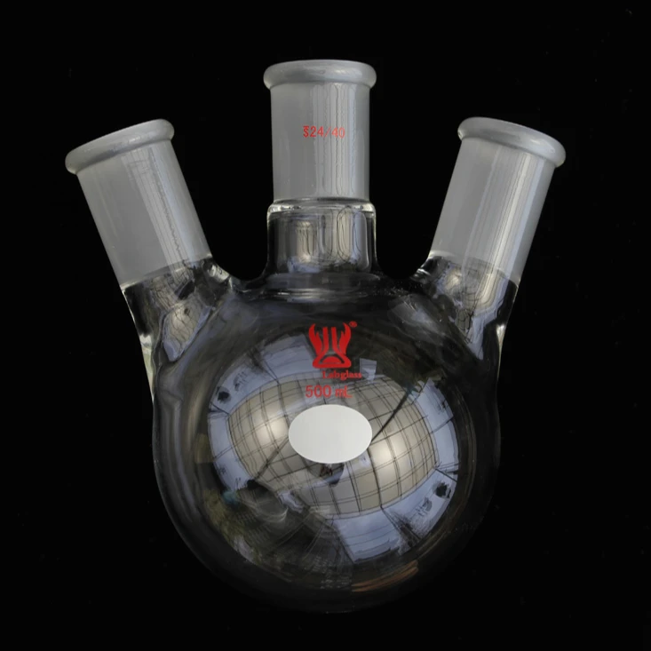 Glass Three Necks Boiling Flask 500ml Angled Round Bottom with Joints 24/40, Glass Boiling Flask