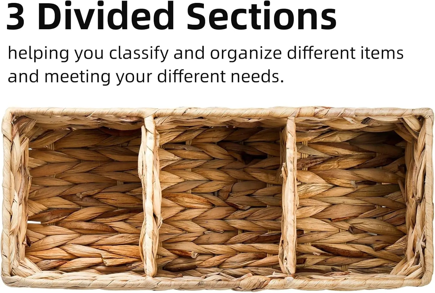 Factory Supply Water Hyacinth Handwoven Desk Storage Organizer Bin Eco-Friendly  Rectangle  2 Pack 3-Section Wicker Baskets