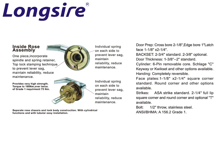 USA Canada market ANSI GRADE 1 cylindrical leverset door lock entrance entry door