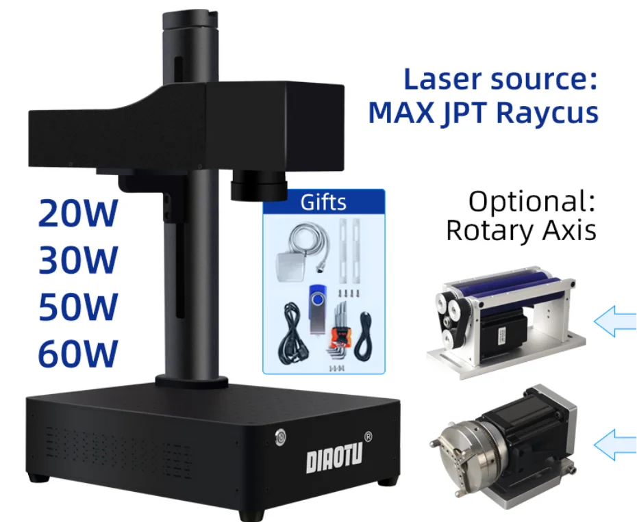 DIAOTU Small Desktop 20w 30w 50w 60w Laser Engraving Machine Metal Plastic Fiber Laser Marking Machine for Plastic Tag
