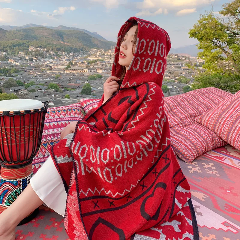 Накидка с капюшоном в богемном этническом стиле шарф двойного назначения дорожная утепленная накидка Женская