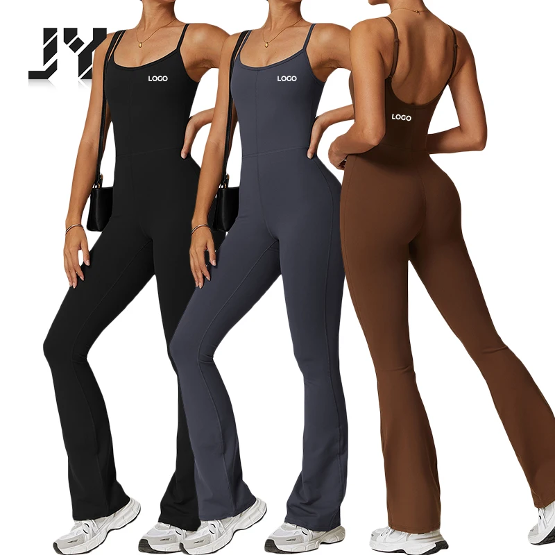 JY Sports Workout Bodysuit Flared Trousers One-Piece Suspender Style Back Hollow Backless Fitness Yoga Jumpsuit For Women