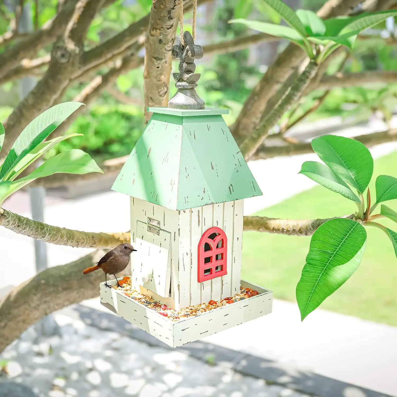 Village Wooden Cottage Bird House Feeder, Hanging Birdfeeder with Landing Trays,Wood Wild Bird House Feeder Garden Decor