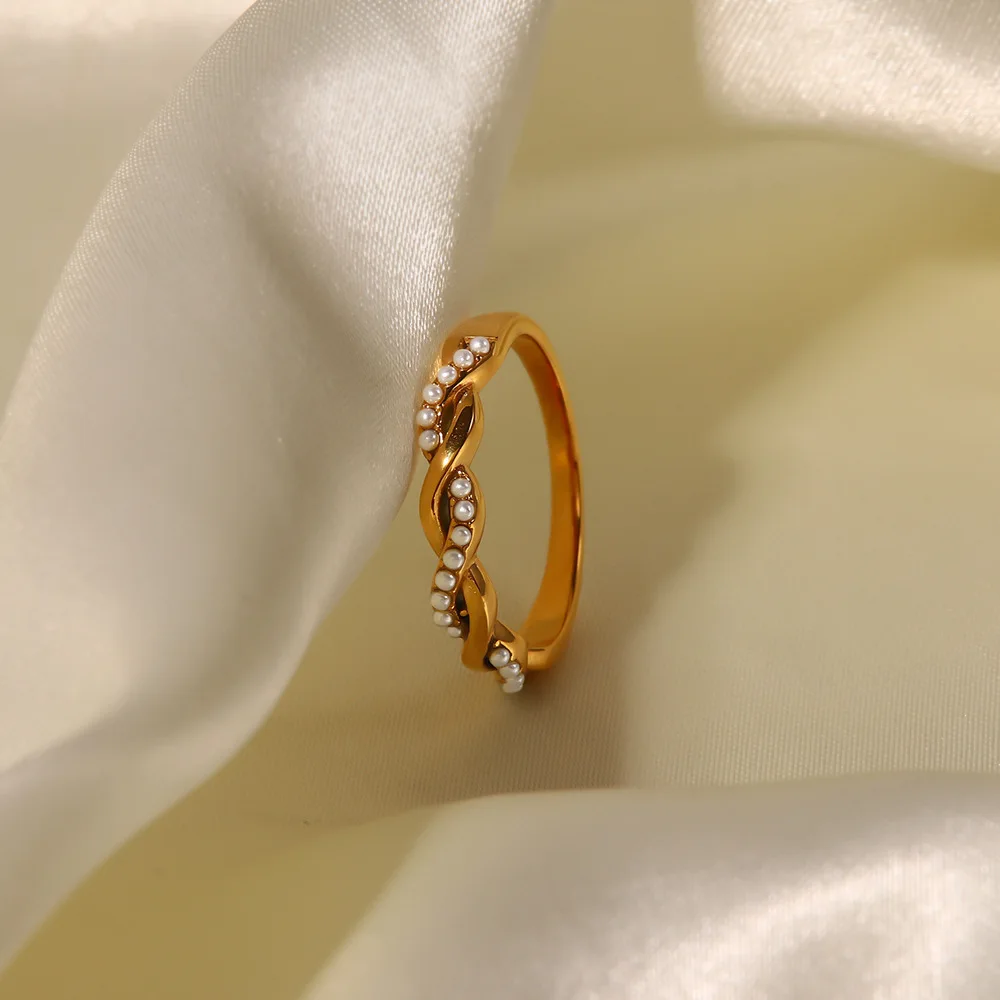 Ins Popular Twisted Tiny Pearl 18K PVD Gold Plated Stainless Steel Stacking Ring