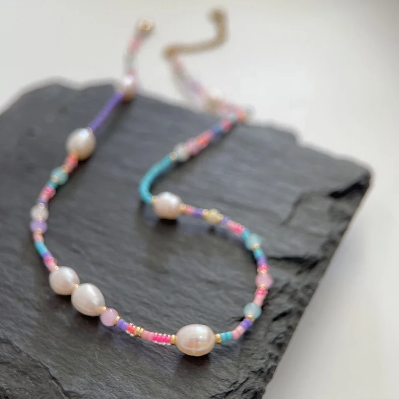 Beach Waterproof Jewelry 18K Stainless Steel Freshwater Pearl Seed Bead Choker Necklace Smiley Pendant Necklaces Wholesale