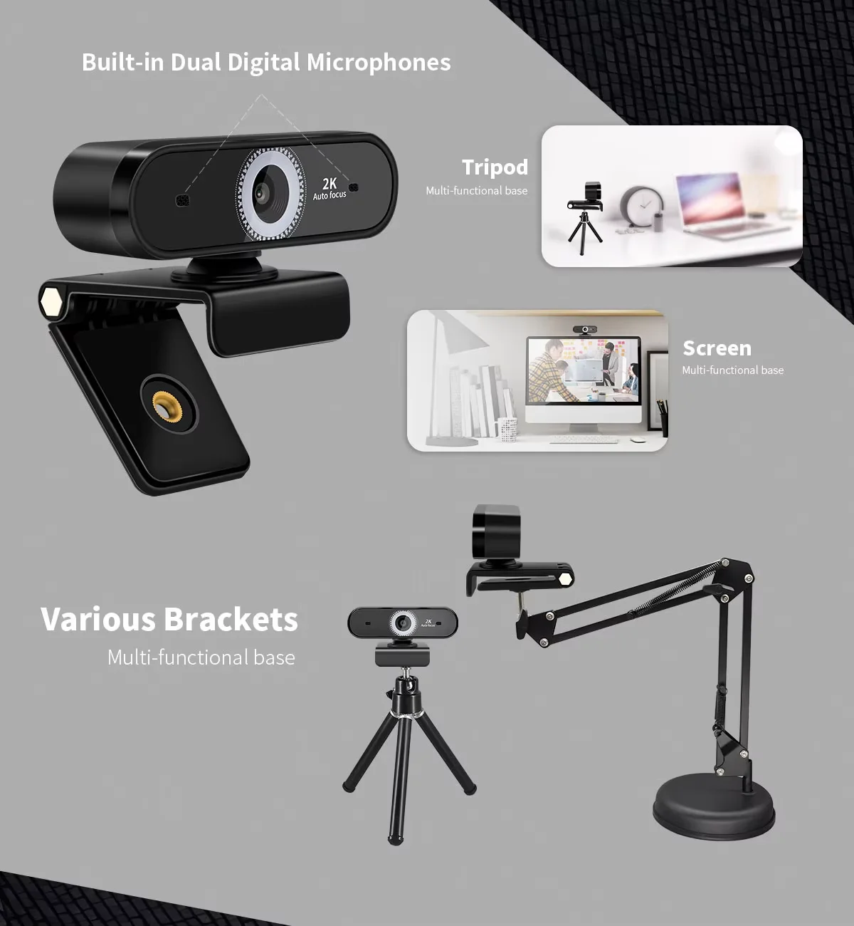 2K Laptop Webcam USB 5MP 10X Digital Zoom Web Camera for PC Camera Live Streaming Office Equipment Online Learning