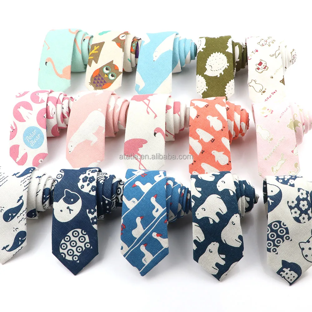 Cute Linen Cartoon Duck Cat Bear Tree 6cm Printed Funny Animal Tie For Men Narrow Striped Slim NeckTie Gifts Cravat Accessories