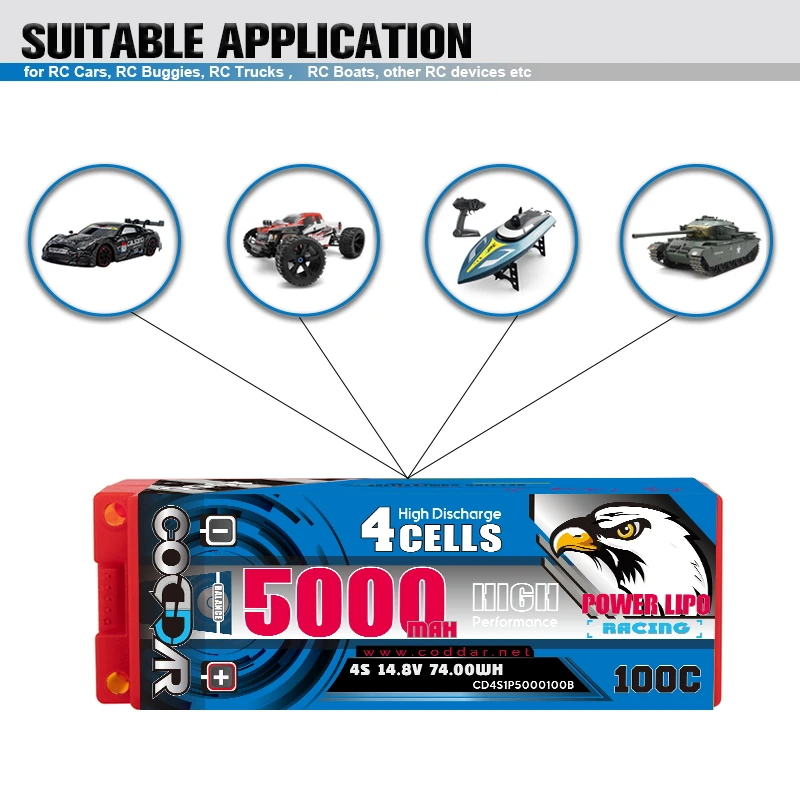 CODDAR 4S 5000MAH 14.8V 100C 200C 5mm Bullet Hard Case RC LiPo Battery 1/10 1/8 Scale RC Car Boat Truggy