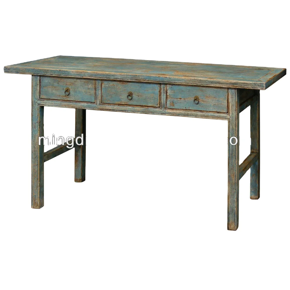 Chinese antique distressed lacquered solid wood three drawers table desk