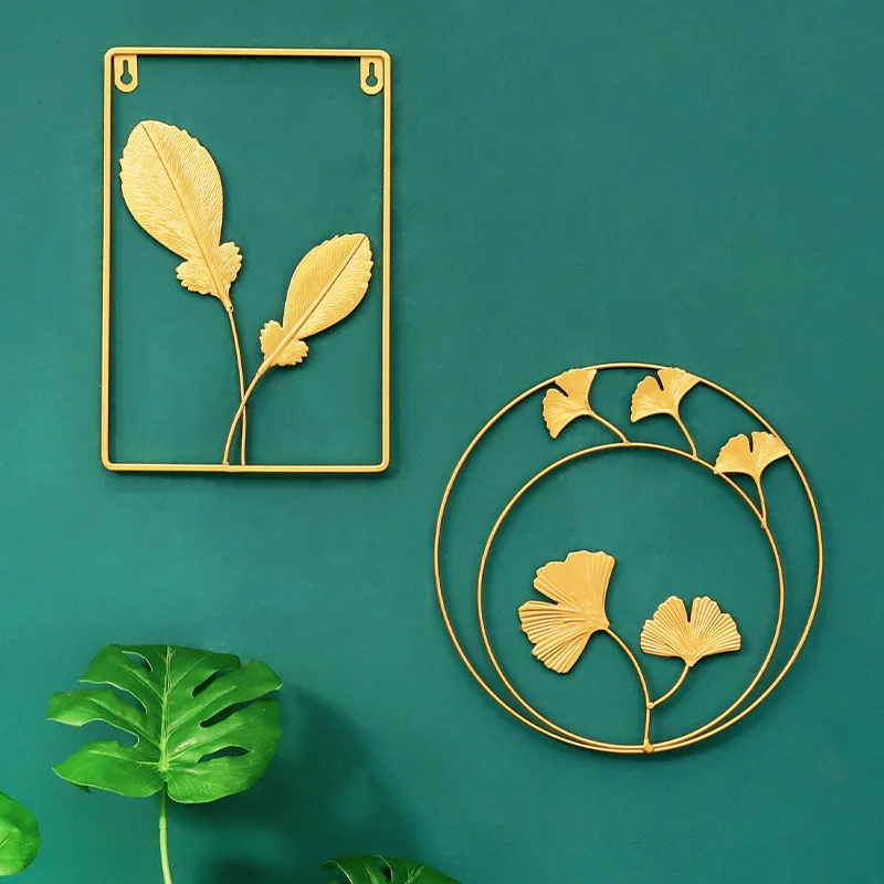 Nordic light luxury golden round ginkgo leaf metal home background wall decoration