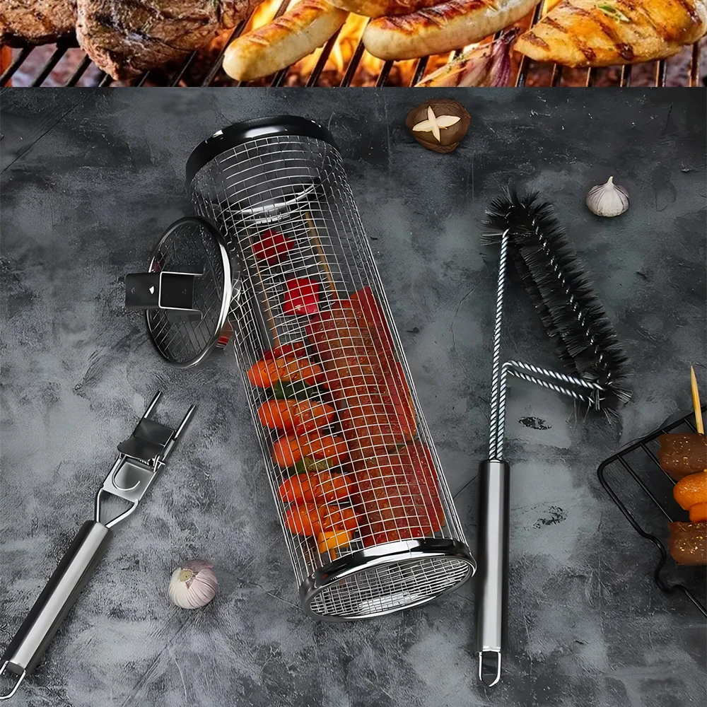 New barbecue grill mesh 304 stainless steel round rolling bbq grilling baskets with fork scraper
