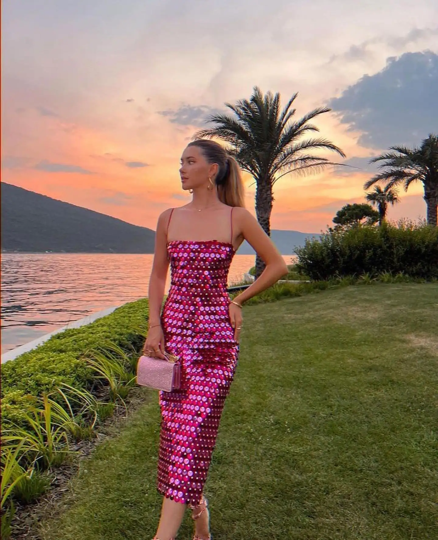 Shining fuchsia spaghetti slip sexy long party dresses sequin evening dresses women