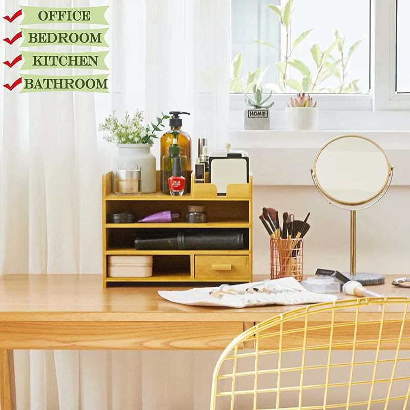 4 Tier Bamboo Desk Organizer with Drawers for Office Table Top Shelf