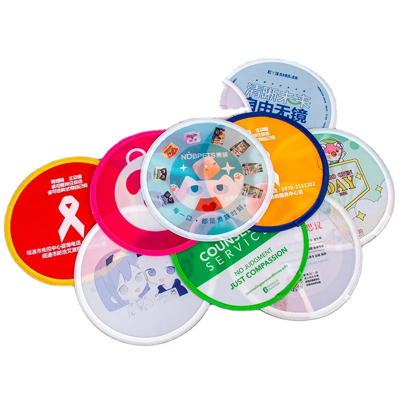 Collapsible Fan With Plastic Handle Summer Promotion Custom Folding Hand Fans Fabric Polyester Nylon Foldable Flying Disc