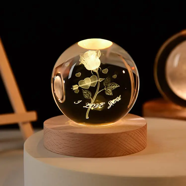 Розовый светящийся хрустальный шар креативный подарок 3D лазерная гравировка маленький с деревянной основой