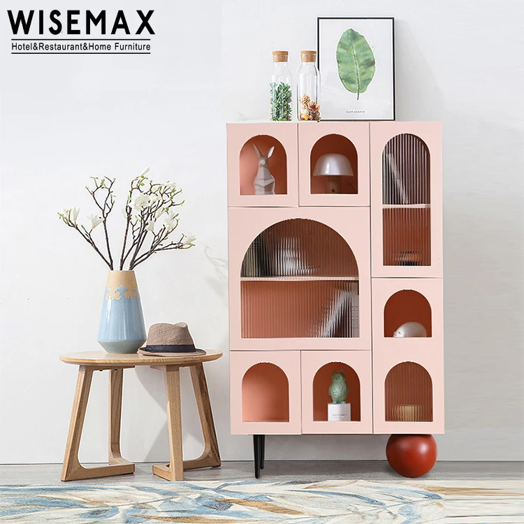 WISEMAX FURNITURE creative living room sofa side pink wood glass long cabinet with open door shelving design floor cabinet