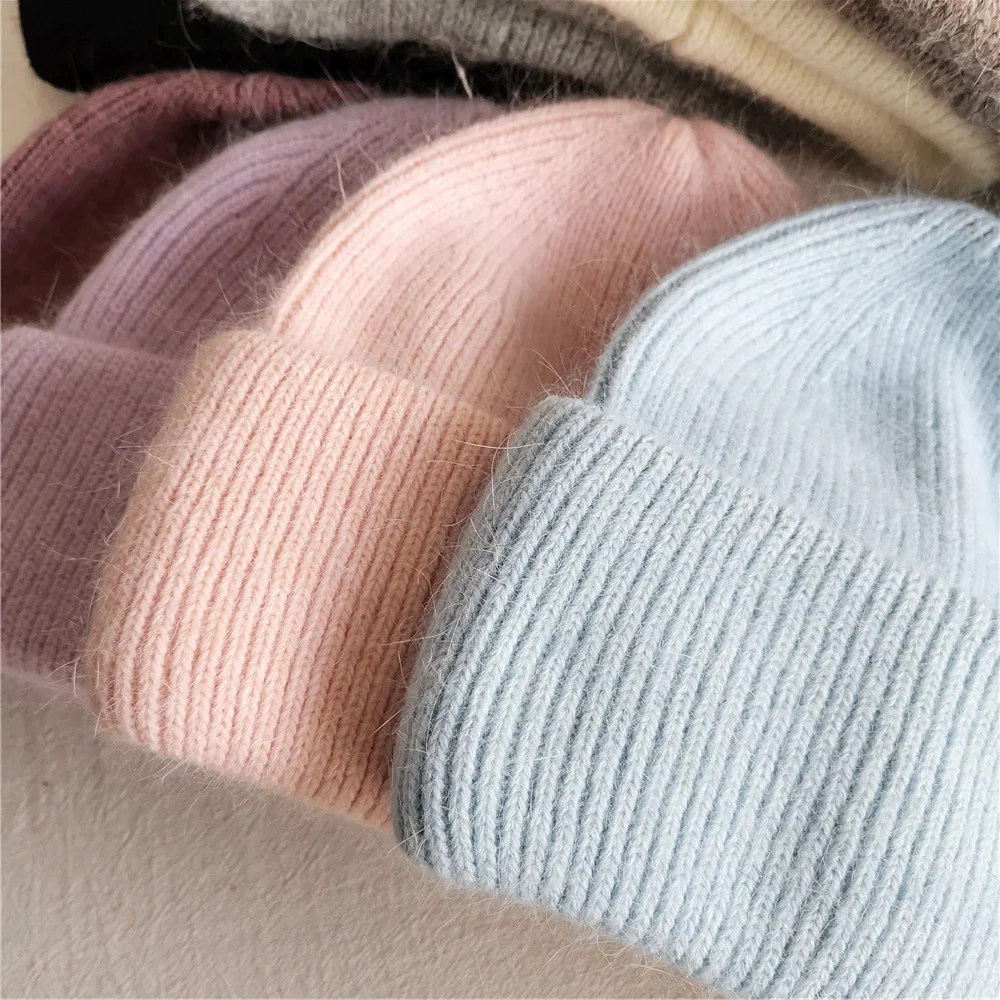 New Winter Real Rabbit Fur Angora Knitted Beanies Solid Warm Cashmere Wool Skullies Beanies Hat