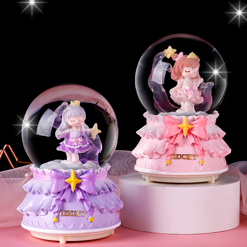 High Quality Cute Girl Queen Spaceman Theme Colourful Light Automatic Snowing And Spin Merry-go-round Music Box Crystal Ball