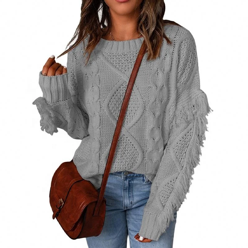 Trendy Tassel Pullover Round Neck Bell Long Sleeve Boho Kimono Cable Knit Loose Sweater Jumper Tops
