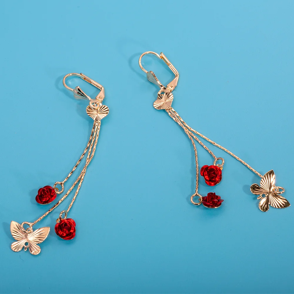 JML Wholesale Fine Jewelry Rose Butterfly Long Dangle 14K Gold Tassel Pendant Earrings For Women