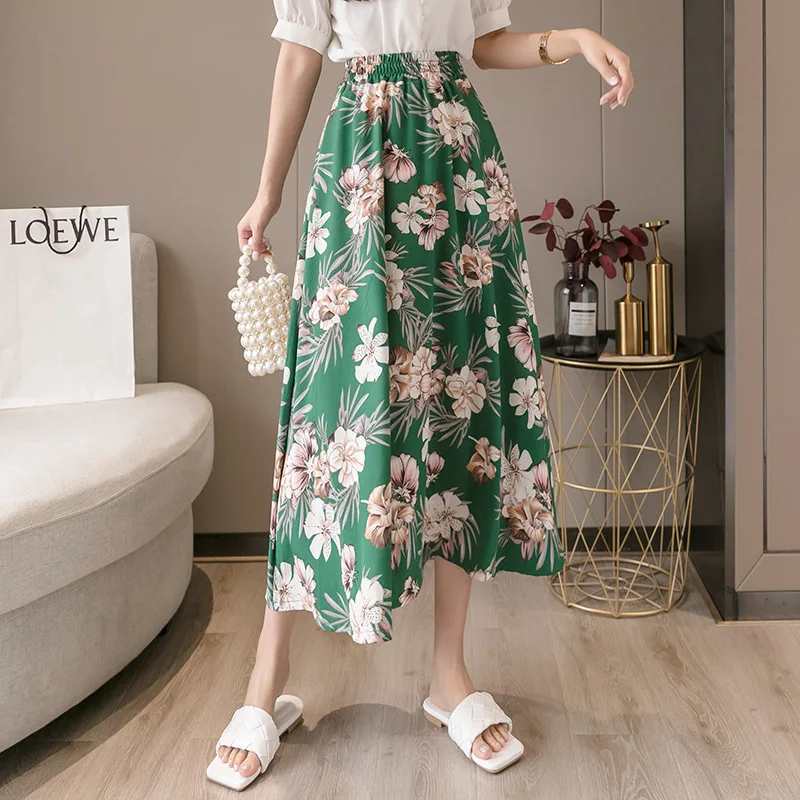 New design high quality lady flower skirt high waist long chiffon female floral skirt