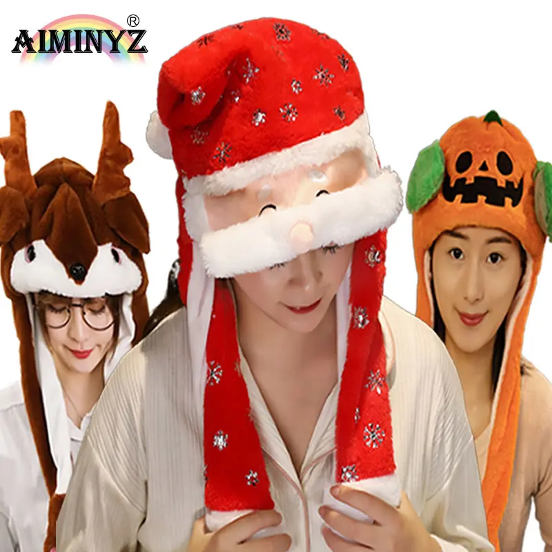 AIMINYZ Best Selling Cute Anime Hat Santa Claus Long Style Jump Animal Movable Ear Plush Hat for Adult Child Christmas Party Hat