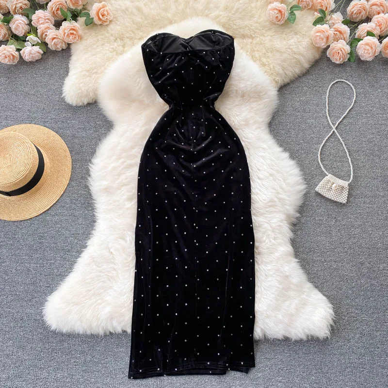 Strapless Square Collar Solid A-Line Dress Summer Slit Velvet High Waist Maxi Dress Ladies Casual Dress Clothes Women Wholesale