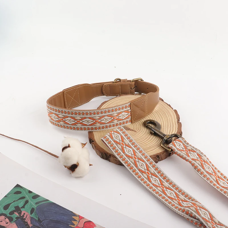 Luxury Durable Genuine Leather Jacquard Nylon Material Dog Collar And Leash Set With Bronze Buckle