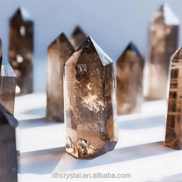 Wholesale Crystal Towers Smoky Cheap Price Dark Big Size Hexagon Wands Prism Engraved Miner Crafting Crystal Quartz Tower Points