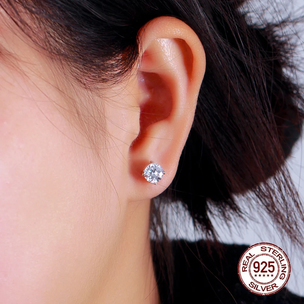 Girl Fashion Jewelry 6mm Single Top Zirconia Stone Earring S925 Sterling Silver Screw Back Design Stud Earrings for Women