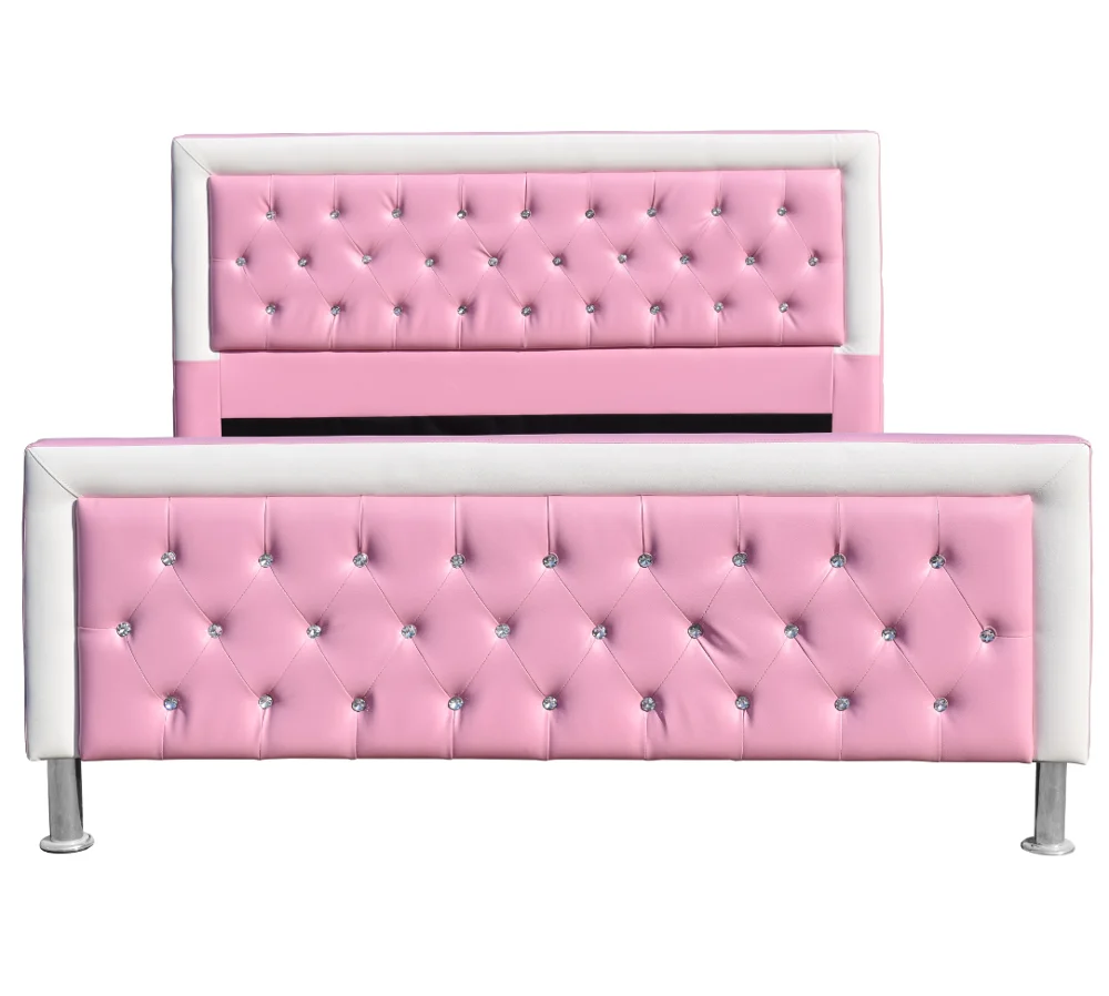 Factory Wholesale OEM Customized  pink Single Size  PU Faux Synthetic Leather Upholstered Soft Platform Girls Princess Bed