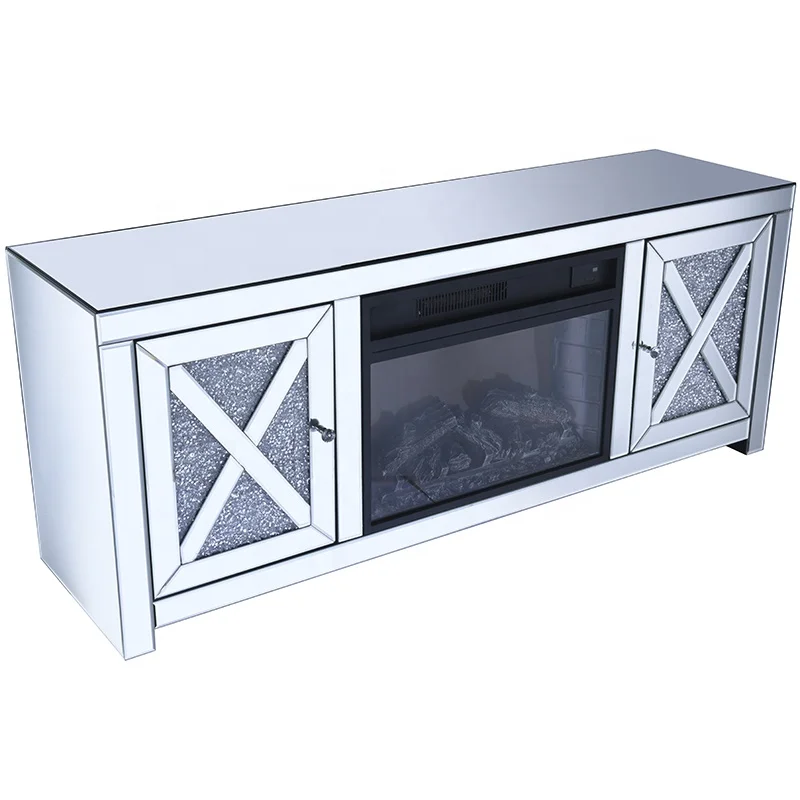 Rectangle crushed sparkly crystal mirrored TV unit stand cabinet with electric fire for sale