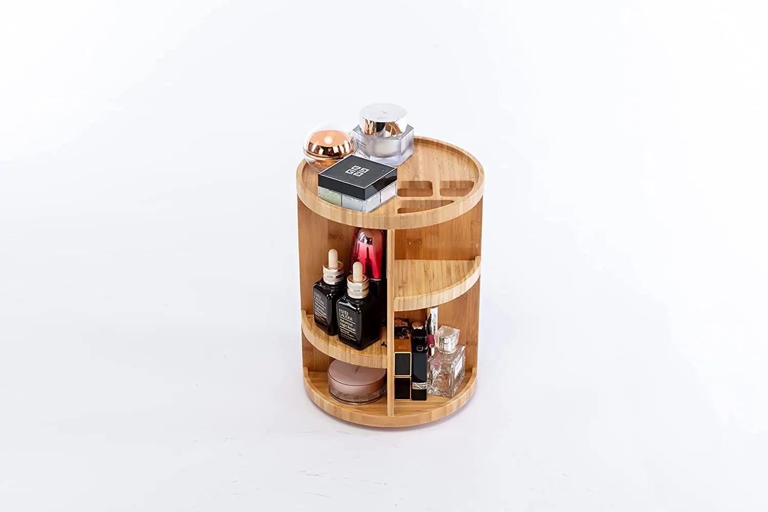 Multi-Function Storage 360 Degree Bamboo Cosmetic Jewelry Display 3 layer Desk Makeup Rotating Wooden Bathroom Organizer