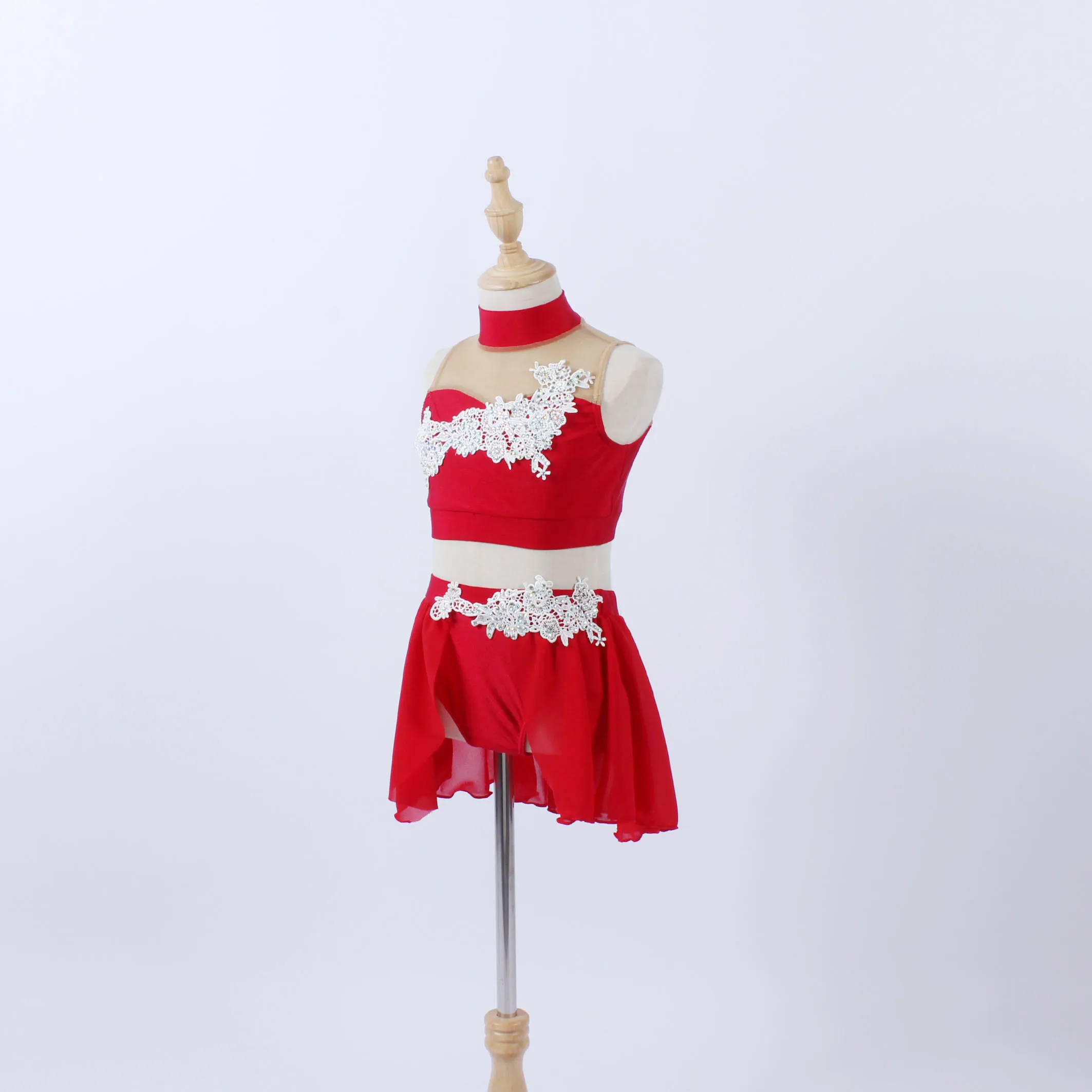 Girls spandex dance leotard two pieces red chiffon skirt practise dance wear Rhinestone applique stage performance dance costume