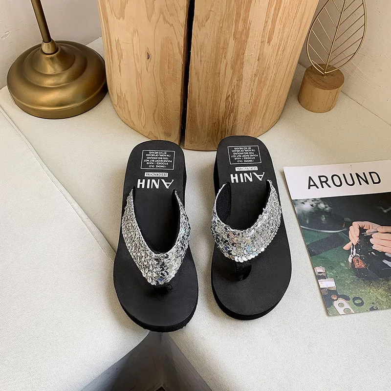 Shiny Sequin High Slope Heel Ladies Flip-flops Outdoor Beach Anti-slip Summer Flip Flops Sandals Slippers Thong Shoes For Women