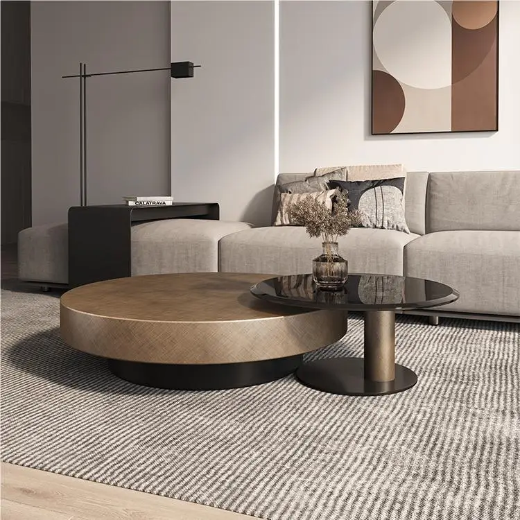 Nordic Modern Luxury Retro Marble Top Round Nesting Coffee Table Set Minimalist Sintered Marble Texture Coffee Table