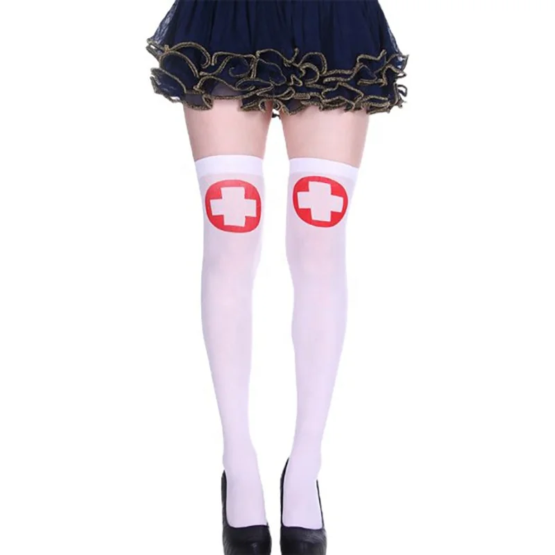 Halloween Stockings Cosplay Stockings Women Soft Knee Socks White Red Cross Bow Nurse Cosplay Socks