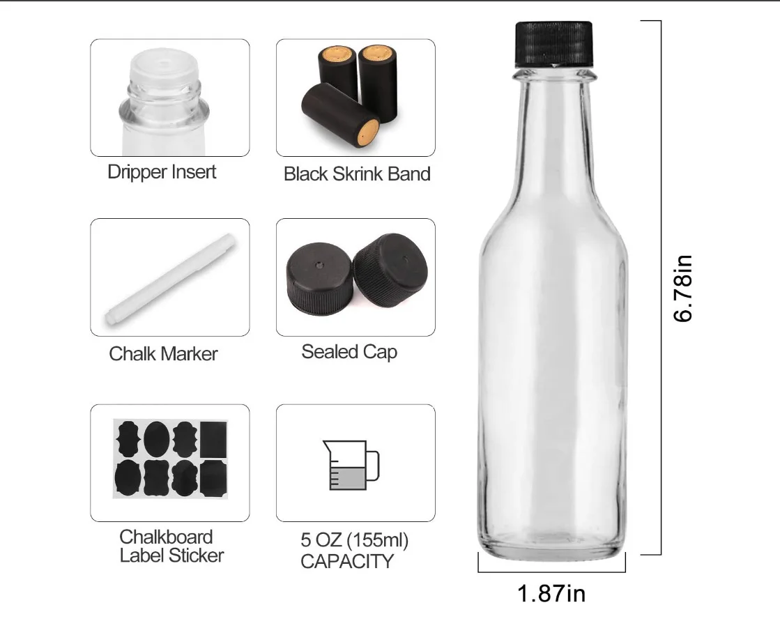 Clear 90ml 150ml  5oz Woozy Bottles Glass Hot Sauce Tomato Soy Sauce Bottles Vinegar Oil Bottle Cooking with Plastic Lid