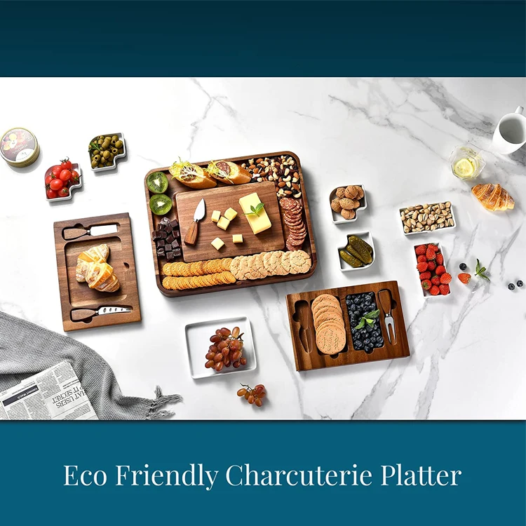 Upgraded Charcuterie Food Serving Platter Kitchen Hidden Drawer Square Acacia Wood Cheese Board And Knife Set with Ceramic Bowls