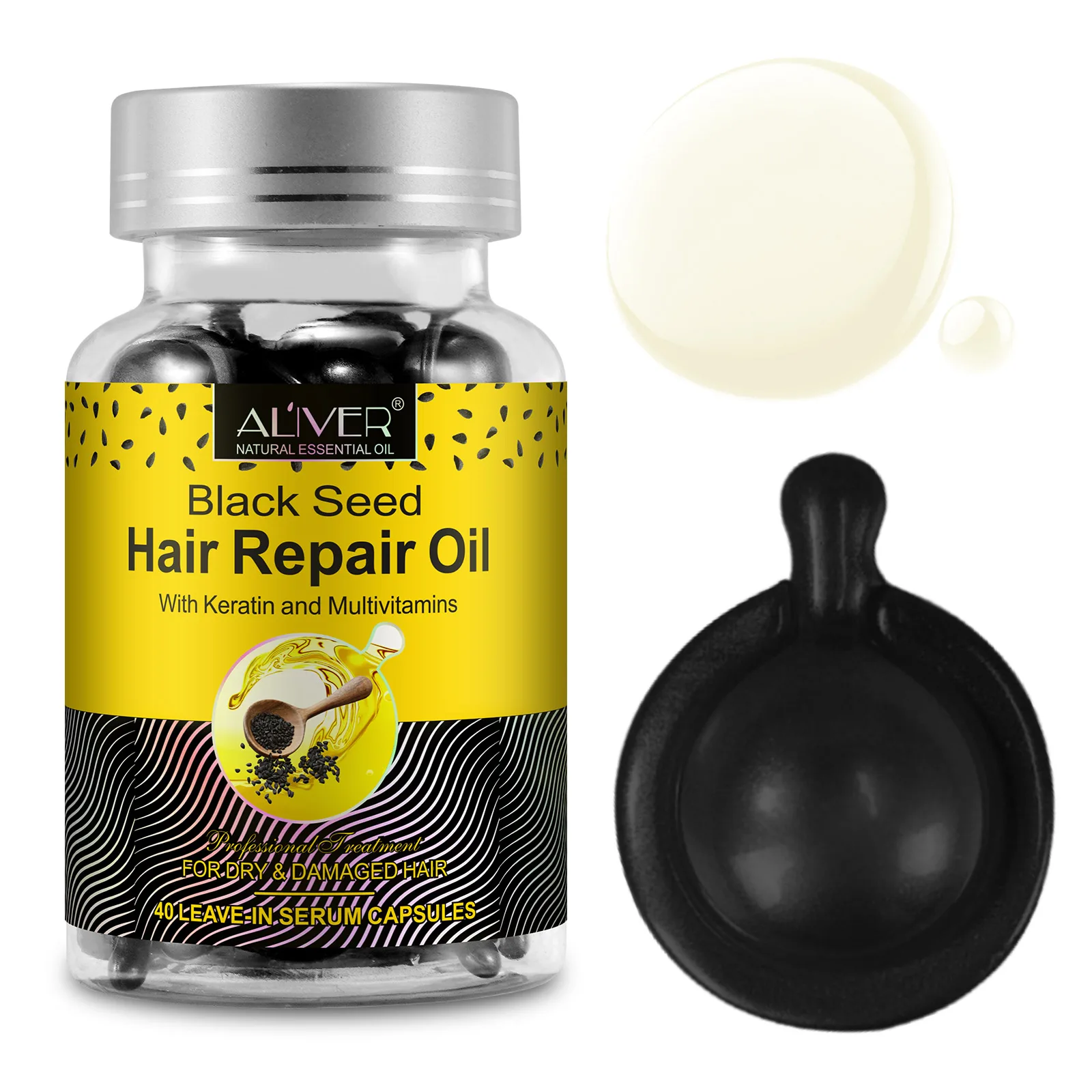 ALIVER Organic Black Seed Hair Repair Oil Leave-in Serum Capsules For Frizzy Dry Damaged Hair With Keratin Multivitamins