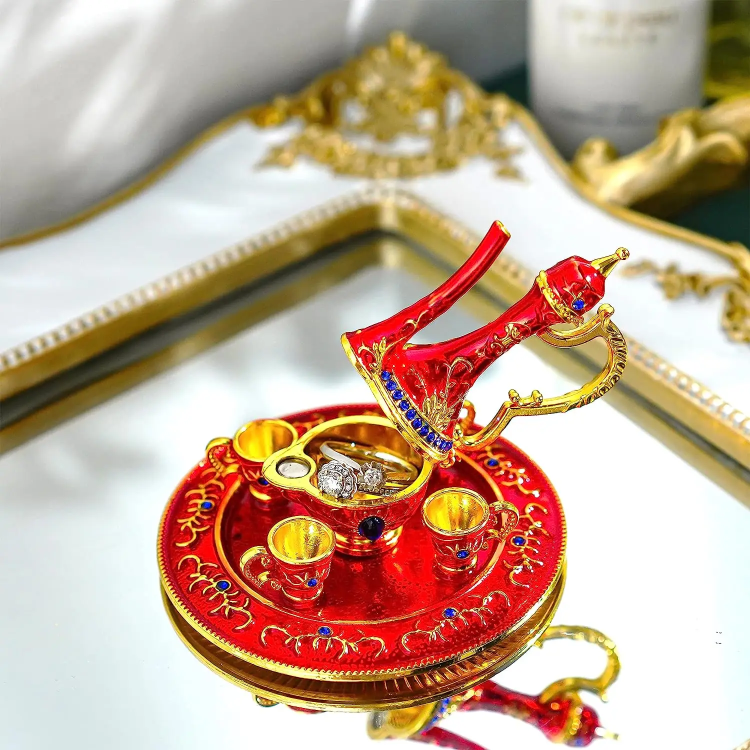 Teapot Jewelry Trinket Box Hinged Hand Painted Enamel Ring Holder for Home Decor Gift,3inch Europe Red Folk Art Modern Gua Tin