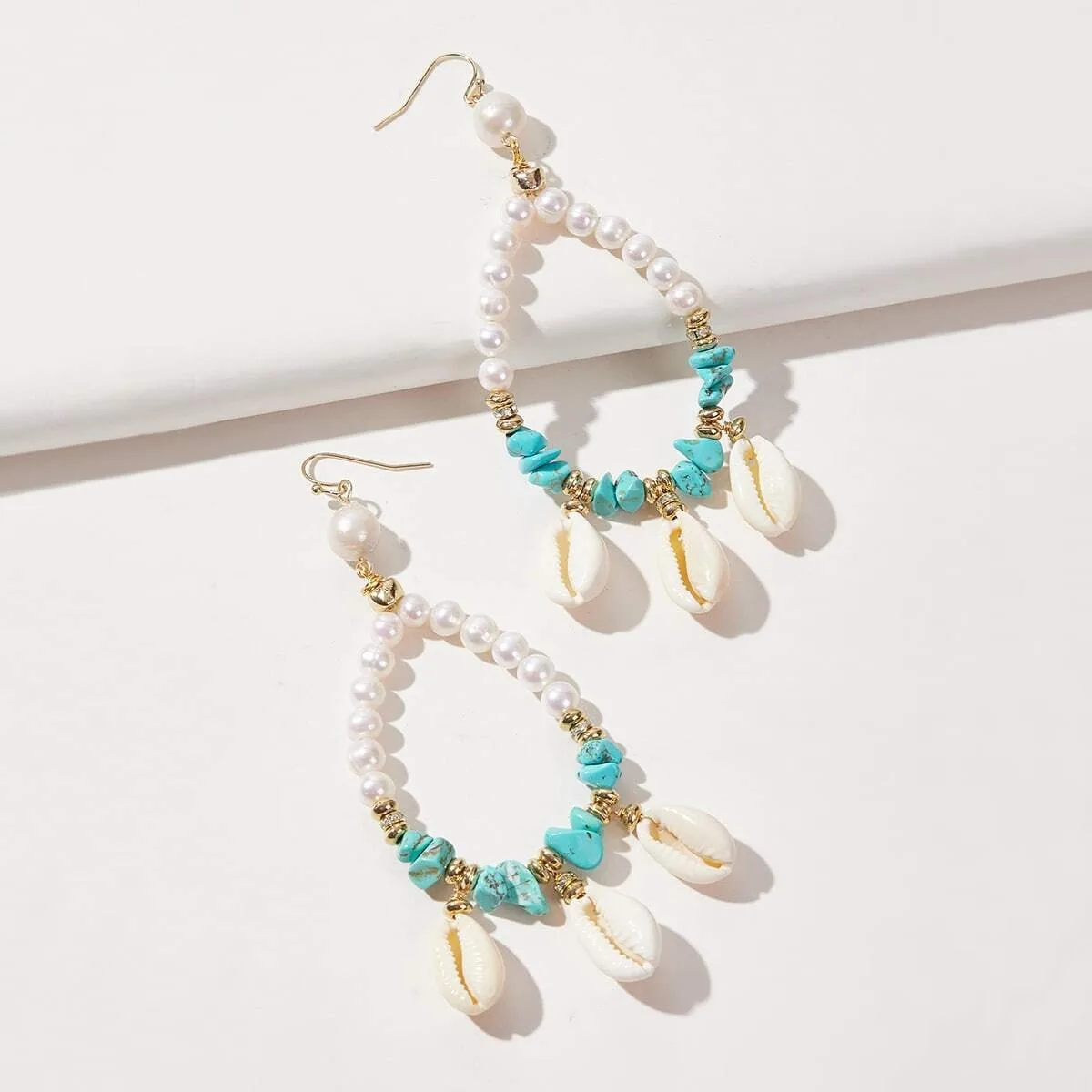 Heart pearl earring Shell Earring With Turquoise Stone Faux Pearl Dangle Fresh Water Pearl Drop Earrings For Women
