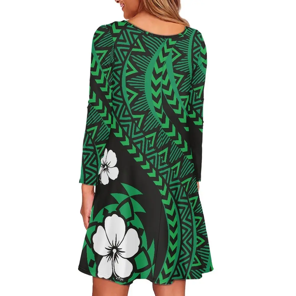 Hawaiian Flower Tribal Tattoo Design Style Women Dresses Casual Summer Long Sleeve O-Neck T-Shirt Loose Dress with Pockets