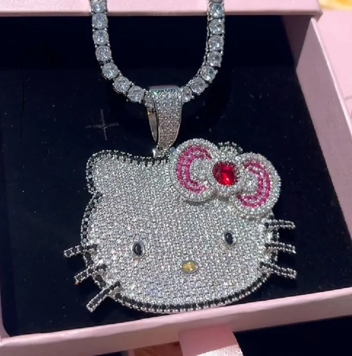 Hello Kitty Shiny Metal Charm Cute Bling Rhinestone Custom Cartoon Logo Alloy Name Pendant Tags for Necklace