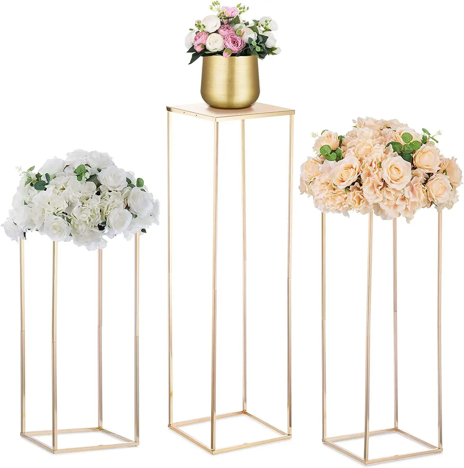 Gold Rectangular Flower Display Rack Vase Column Stand Road Lead Geometric Centerpiece Vase Column Vases Wedding Centerpieces
