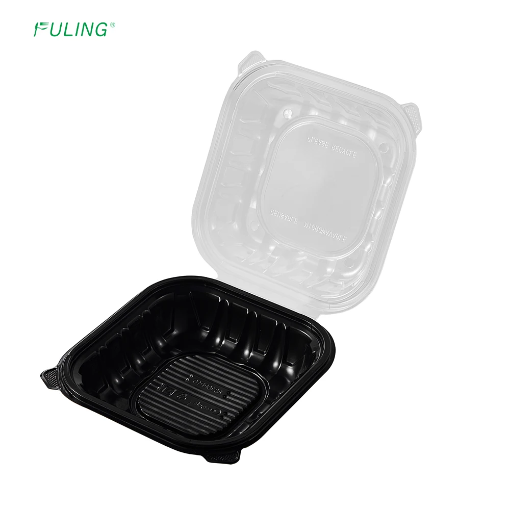FULING 8X8' 1-Compartment Clamshell To Go Containers Double Color Black Clear Plastic Food Container With Hinged Lid