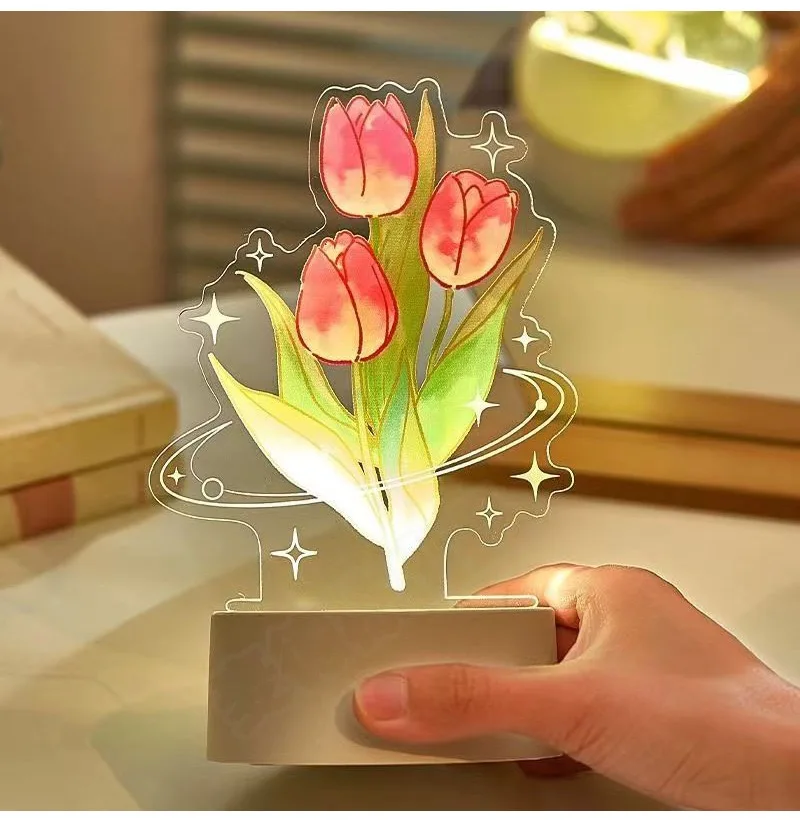 Top Seller 3D Acrylic Rose Tulip Lily of Valley Flower Decorative Table Night Light For Christmas Wedding Holiday Party Gift