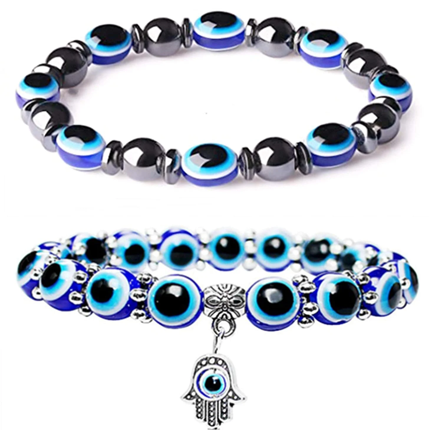 Evil Eye Hamsa Blue Beaded Charm Stretch Bracelet Hand of Fatima Turkish Lucky Evil Eye Bracelet