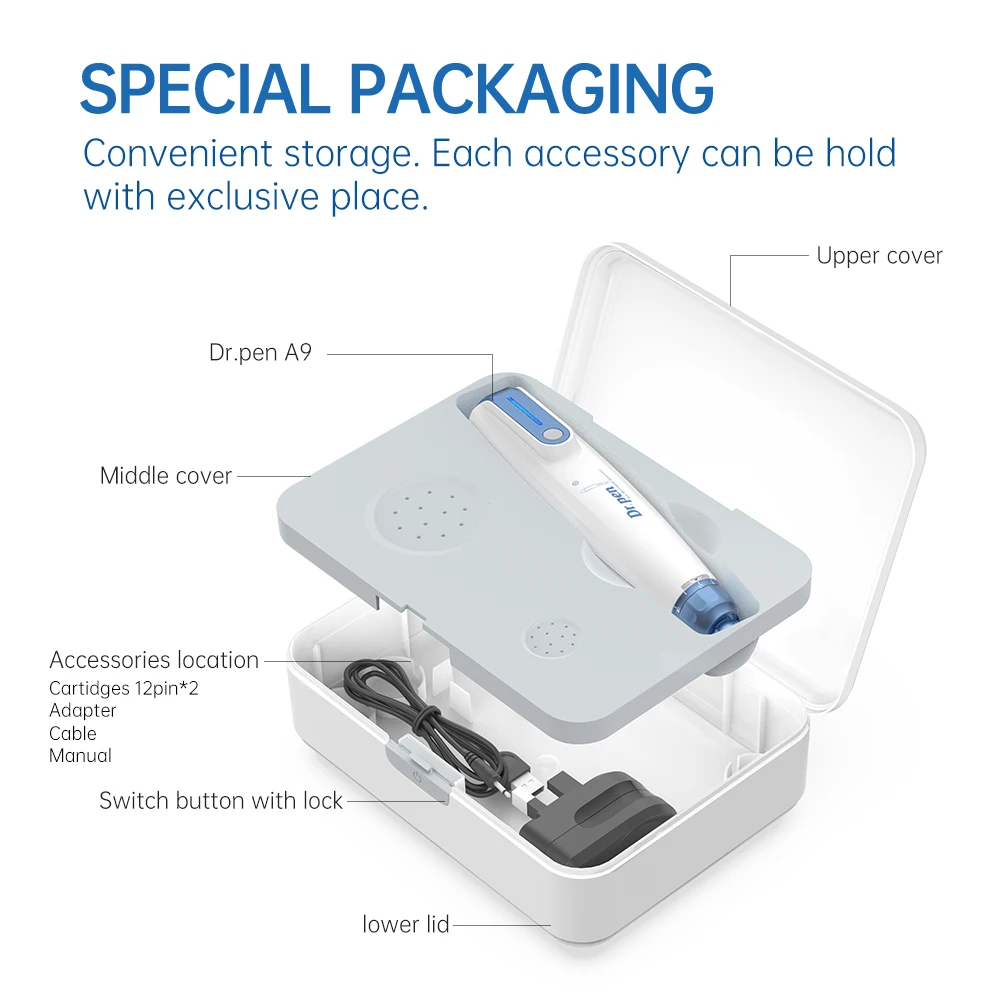 Профессиональная ручка для мезотерапии Dr.Pen A9 с игольчатыми картриджами для омоложения кожи лица и тела